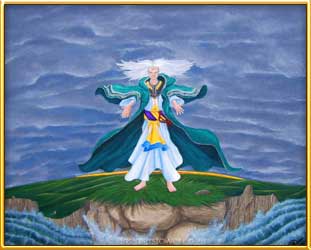 An ancient being who traversed time stands majestically above the waves on the rocks surveying the world around him. The client, a woman in this life, was faced with finding the power to speak with conviction and this painting reminded her of this immense knowledge base and so restored her courage and acceptance of herself in this life. - completed in May 2007