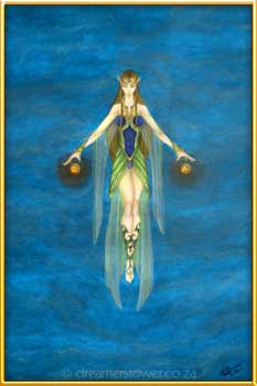 I had fun bringing my sister out as this powerful Elfin being who is balanced and way taller than she really is in this life. When I did it, I wanted her to recognise her beauty, power and strength and for her to learn to balance her emotions. Strangely it was an almost totally water scene, although it is way more ethereal. It was interesting to see how many animals spirits like dolphins, whales and tortoises started appearing in the background and this painting still  reminds her of staying in the flow. - completed April 2010