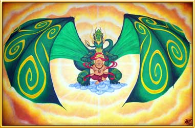 Here the client finds that he is to learn that life is more than schedules as his career is a mind-based environment that literally swallows all of him. The dragon, Ferrildyn came through to teach him that he can rest safely in this space of the divine and that as he remembers that his life is more than work, he will find true fulfilment. His inner nature is that of a loving laughing joyous Buddha. - completed in Decmeber 2008